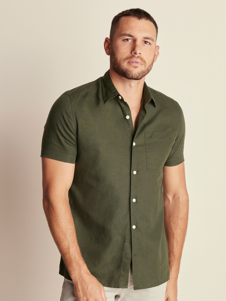 Dark Green Linen Blend Short Sleeve Shirt - Image 1 of 8 Dark Green Linen Blend Short Sleeve Shirt - Image 1 of 8