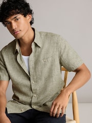 Green Standard Collar Linen Blend Short Sleeve 100% Cotton Oxford Shirt - Image 1 of 8