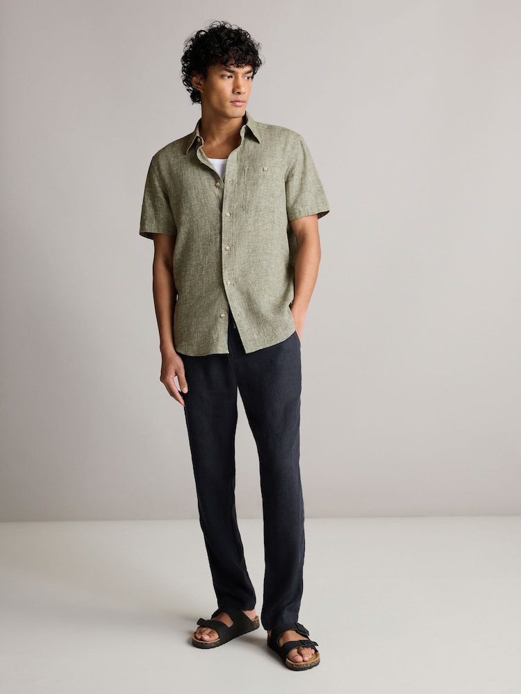 Green Standard Collar Linen Blend Short Sleeve 100% Cotton Oxford Shirt - Image 2 of 8