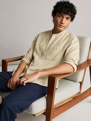 Stone Grandad Collar Linen Blend Long Sleeve Shirt - Image 1 of 7