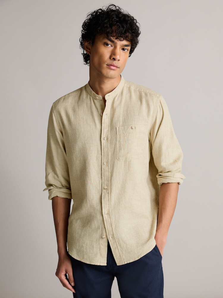 Stone Grandad Collar Linen Blend Long Sleeve Shirt - Image 2 of 7