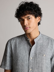 Grey Grandad Collar Linen Blend Short Sleeve 100% Cotton Oxford Shirt - Image 1 of 7