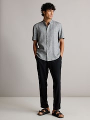 Grey Grandad Collar Linen Blend Short Sleeve 100% Cotton Oxford Shirt - Image 2 of 7