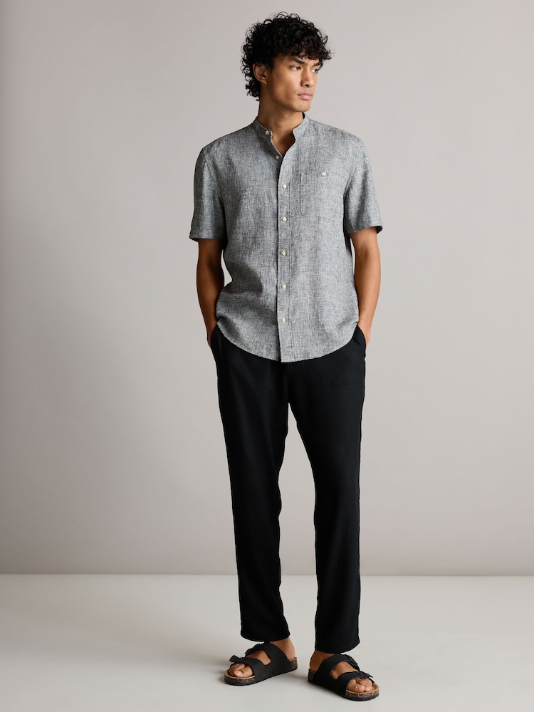 Grey Grandad Collar Linen Blend Short Sleeve 100% Cotton Oxford Shirt - Image 2 of 7