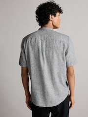 Grey Grandad Collar Linen Blend Short Sleeve 100% Cotton Oxford Shirt - Image 3 of 7