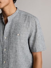 Grey Grandad Collar Linen Blend Short Sleeve 100% Cotton Oxford Shirt - Image 4 of 7