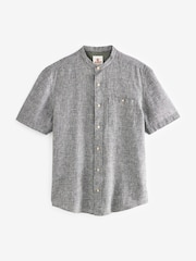 Grey Grandad Collar Linen Blend Short Sleeve 100% Cotton Oxford Shirt - Image 5 of 7