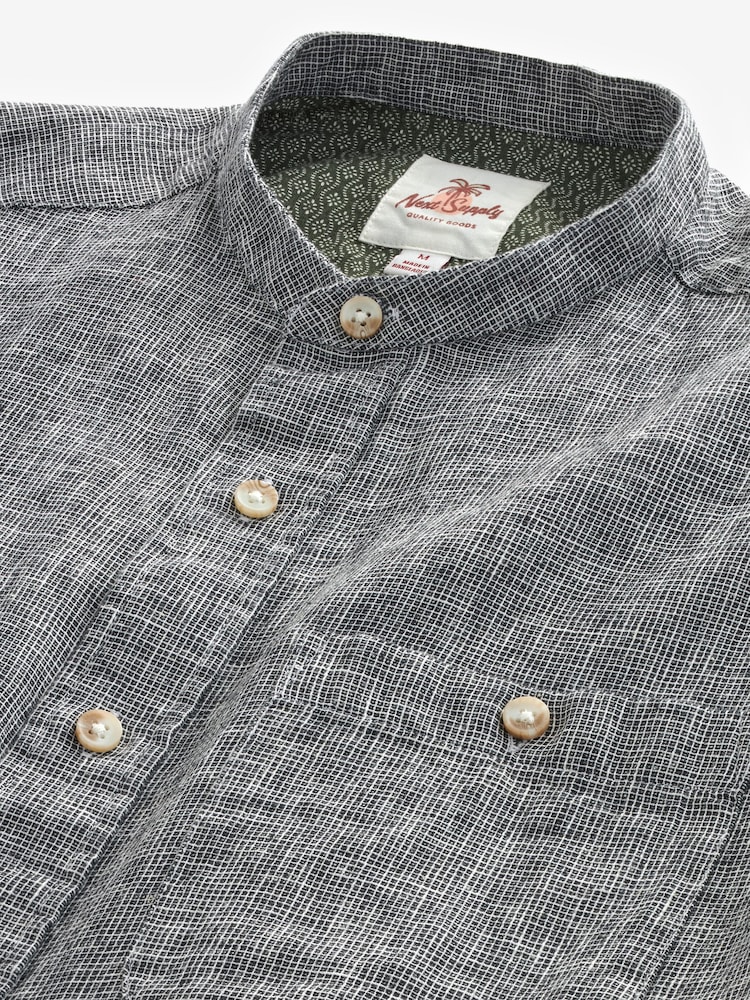 Grey Grandad Collar Linen Blend Short Sleeve 100% Cotton Oxford Shirt - Image 7 of 7