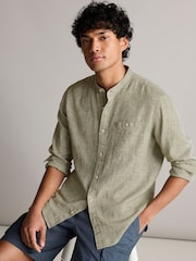Green Grandad Collar Linen Blend Long Sleeve Shirt - Image 1 of 8