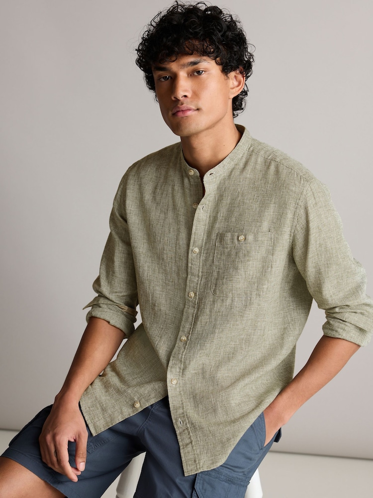 Green Grandad Collar Linen Blend Long Sleeve Shirt - Image 1 of 8