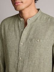 Green Grandad Collar Linen Blend Long Sleeve Shirt - Image 4 of 8