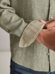 Green Grandad Collar Linen Blend Long Sleeve Shirt - Image 5 of 8