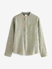 Green Grandad Collar Linen Blend Long Sleeve Shirt - Image 6 of 8