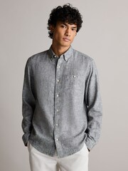 Grey Standard Collar Linen Blend Long Sleeve Oxford 100% Cotton Shirt - Image 1 of 7