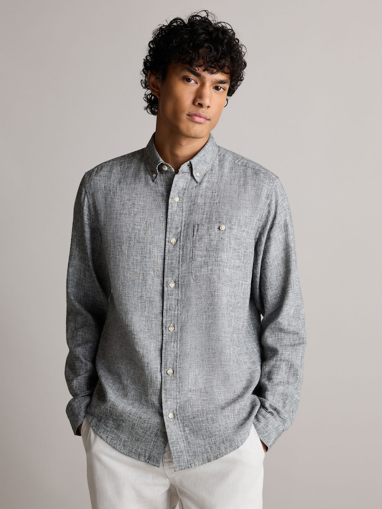 Grey Standard Collar Linen Blend Long Sleeve Oxford 100% Cotton Shirt - Image 1 of 7 Grey Standard Collar Linen Blend Long Sleeve Oxford 100% Cotton Shirt - Image 1 of 7
