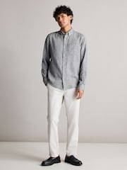 Grey Standard Collar Linen Blend Long Sleeve Oxford 100% Cotton Shirt - Image 2 of 7