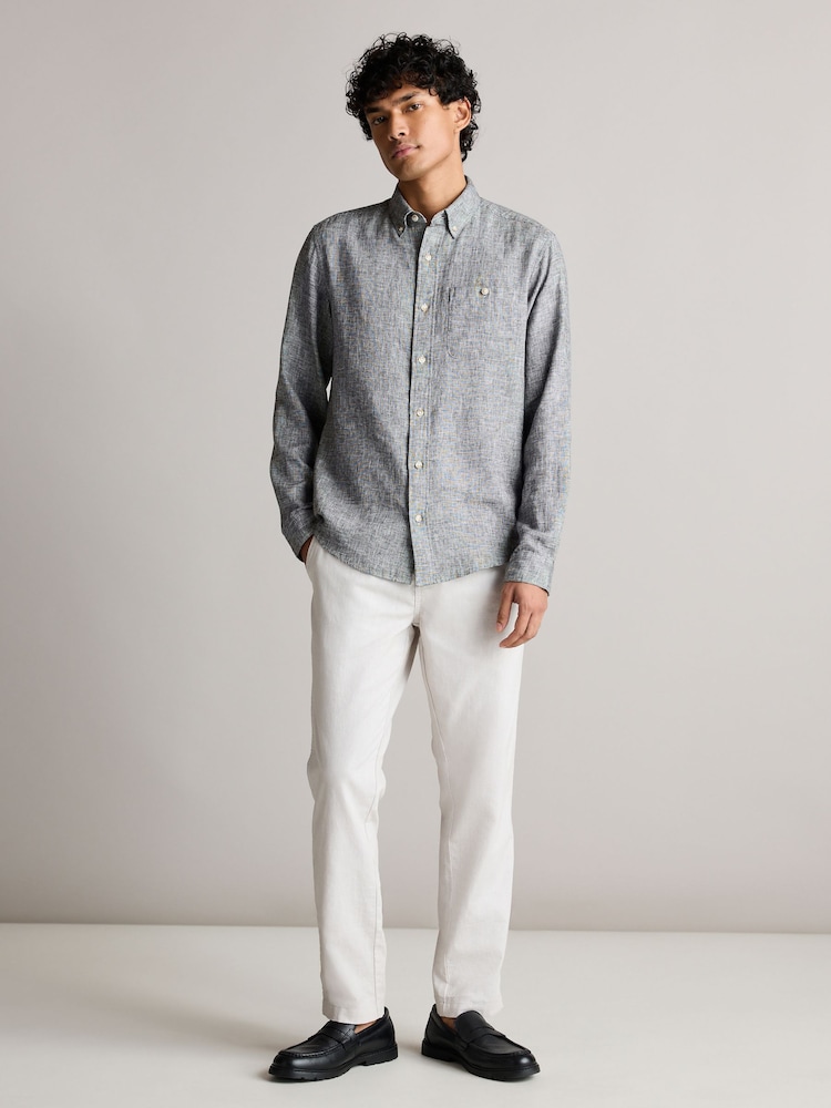 Grey Standard Collar Linen Blend Long Sleeve Oxford 100% Cotton Shirt - Image 2 of 7