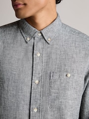 Grey Standard Collar Linen Blend Long Sleeve Oxford 100% Cotton Shirt - Image 4 of 7