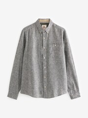 Grey Standard Collar Linen Blend Long Sleeve Oxford 100% Cotton Shirt - Image 5 of 7