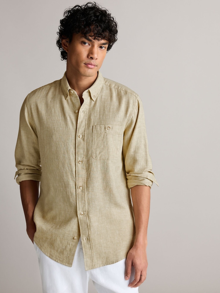 Natural Standard Collar Linen Blend Long Sleeve Oxford Shirt - Image 1 of 8