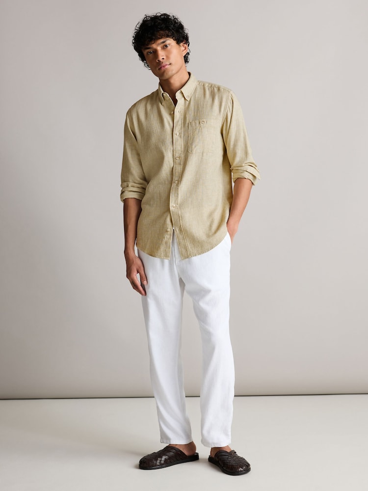 Natural Standard Collar Linen Blend Long Sleeve Oxford Shirt - Image 2 of 8