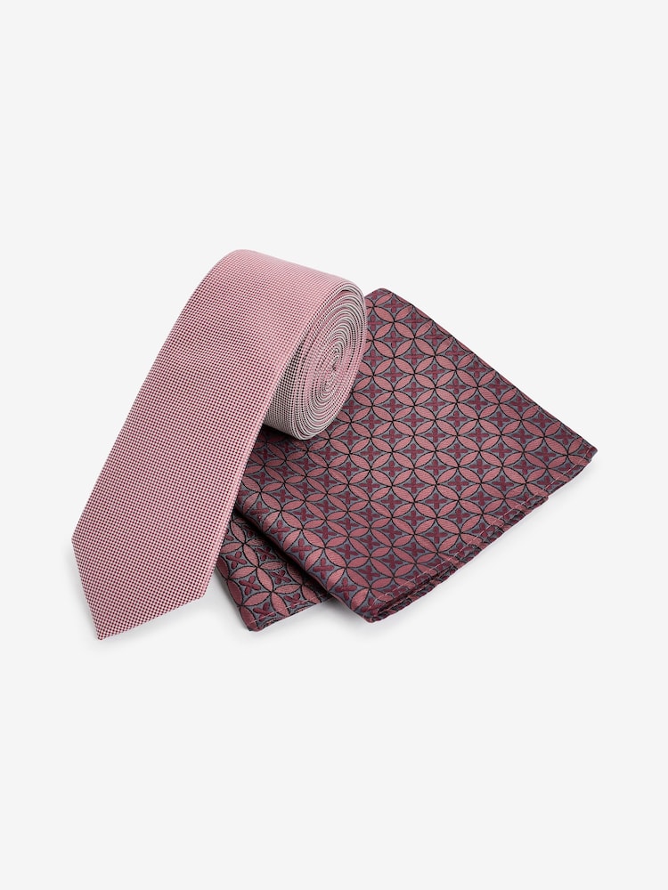 Pink Geometric Slim Tie And Pocket Square Set - Image 1 of 4