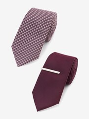 Pink/Burgundy Red Textured Tie With Tie Clips 2 Pack - Image 1 of 5