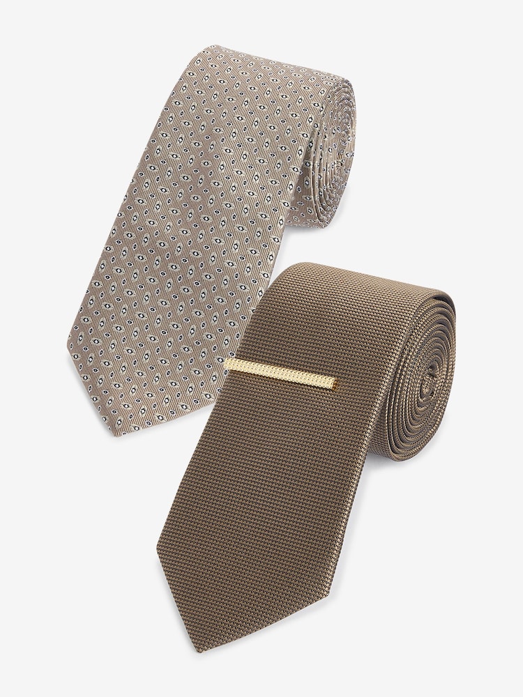 Neutral Brown Textured Ties And Tie Clips 2 Pack - Image 1 of 7