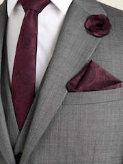 Burgundy Red Paisley Slim Tie Pocket Square And Lapel Pin Set - Image 1 of 2