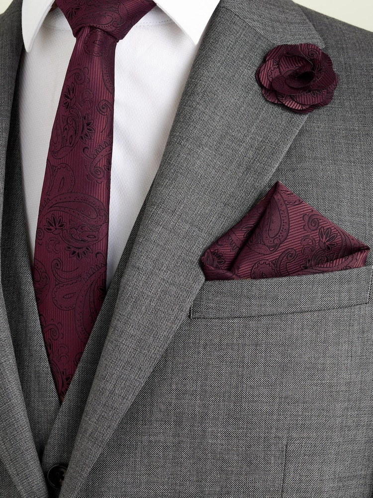 Burgundy Red Paisley Slim Tie Pocket Square And Lapel Pin Set - Image 1 of 2