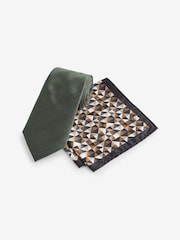 Forest Green Geometric Slim Tie And Pocket Square Set - Image 1 of 4