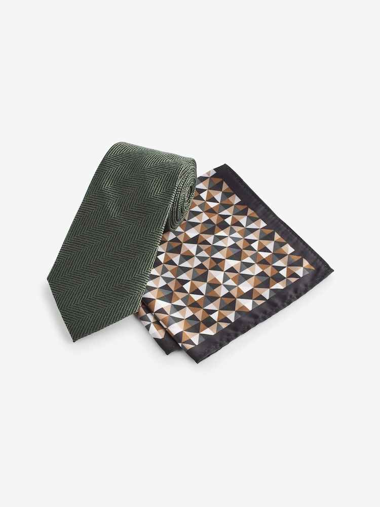 Forest Green Geometric Slim Tie And Pocket Square Set - Image 1 of 4