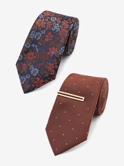Rust Brown Polka Dot/Navy Blue Floral Textured Tie With Tie Clip 2 Pack - Image 1 of 7