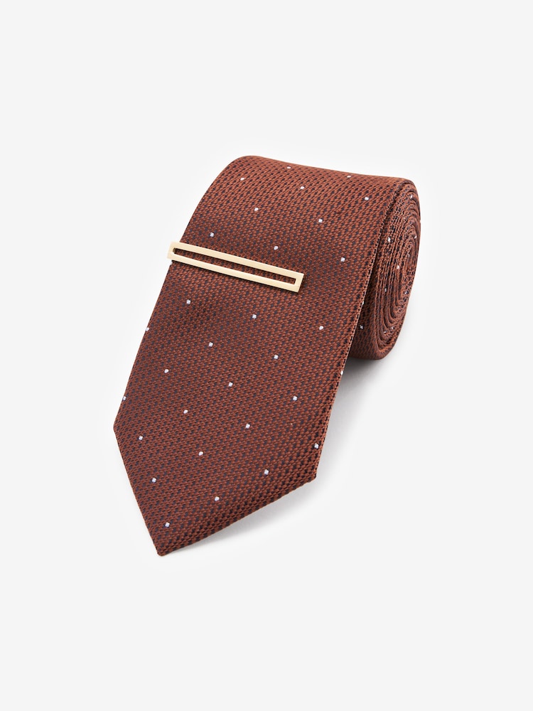 Rust Brown Polka Dot/Navy Blue Floral Textured Tie With Tie Clip 2 Pack - Image 3 of 7