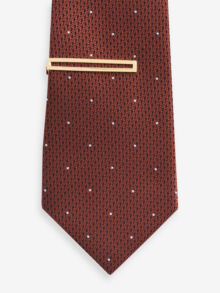 Rust Brown Polka Dot/Navy Blue Floral Textured Tie With Tie Clip 2 Pack - Image 4 of 7