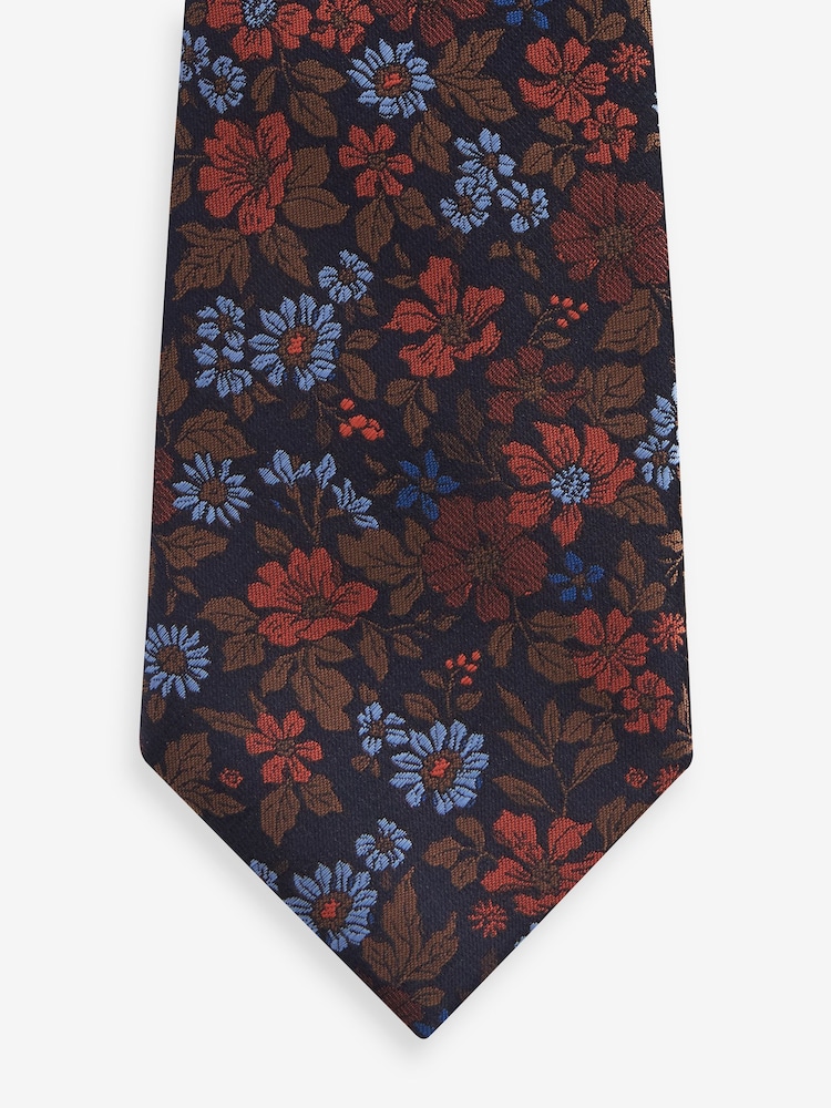 Rust Brown Polka Dot/Navy Blue Floral Textured Tie With Tie Clip 2 Pack - Image 5 of 7