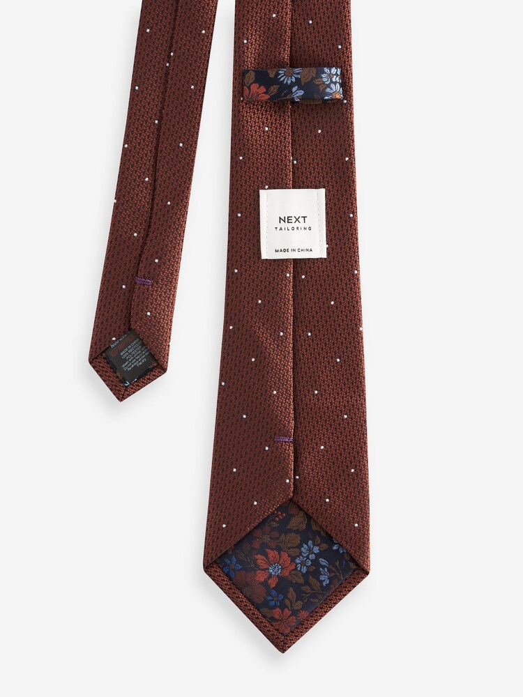 Rust Brown Polka Dot/Navy Blue Floral Textured Tie With Tie Clip 2 Pack - Image 6 of 7