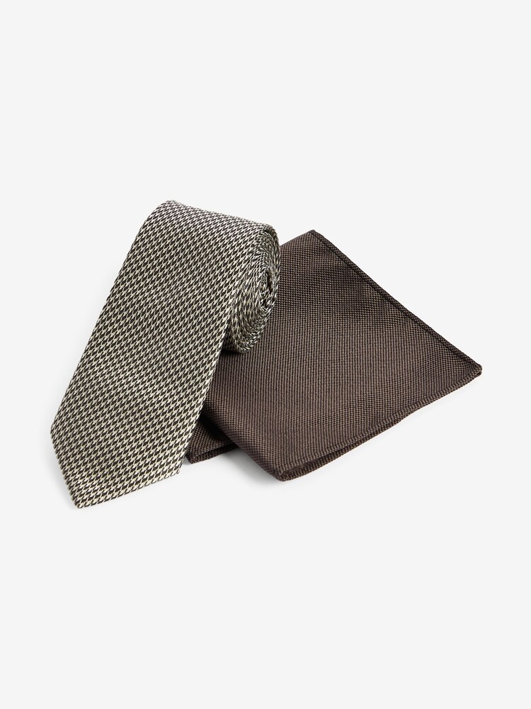 Neutral Brown Slim Tie And Pocket Square Set - Image 1 of 4