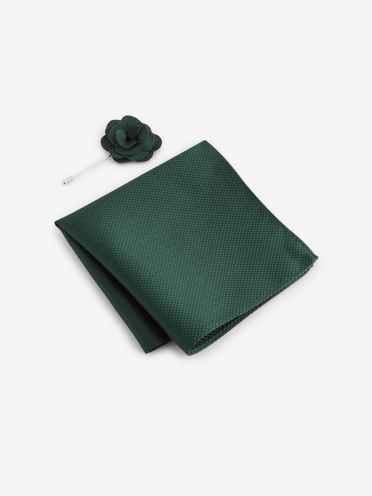 Forest Green Textured Silk Lapel Pin And Pocket Square Set - Image 1 of 3