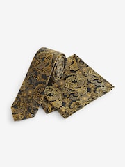 Black/Yellow Gold Paisley Slim Party Tie And Pocket Square Set - Image 1 of 4