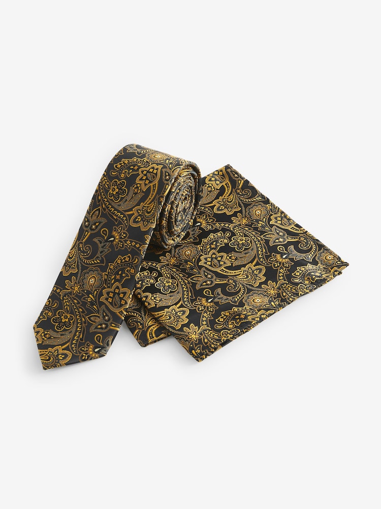 Black/Yellow Gold Paisley Slim Party Tie And Pocket Square Set - Image 1 of 4