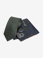 Forest Green/Navy Blue Floral Silk Tie And Pocket Square Set - Image 1 of 5