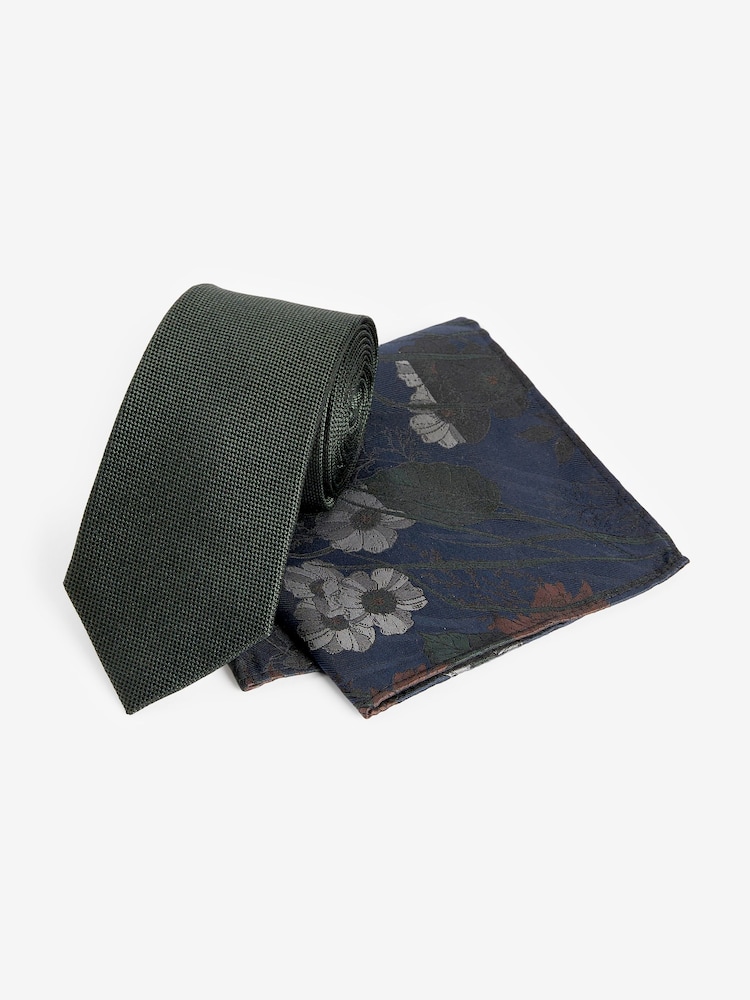 Forest Green/Navy Blue Floral Silk Tie And Pocket Square Set - Image 1 of 5