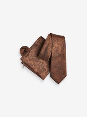 Rust Orange Paisley Slim Tie Pocket Square And Lapel Pin Set - Image 2 of 5