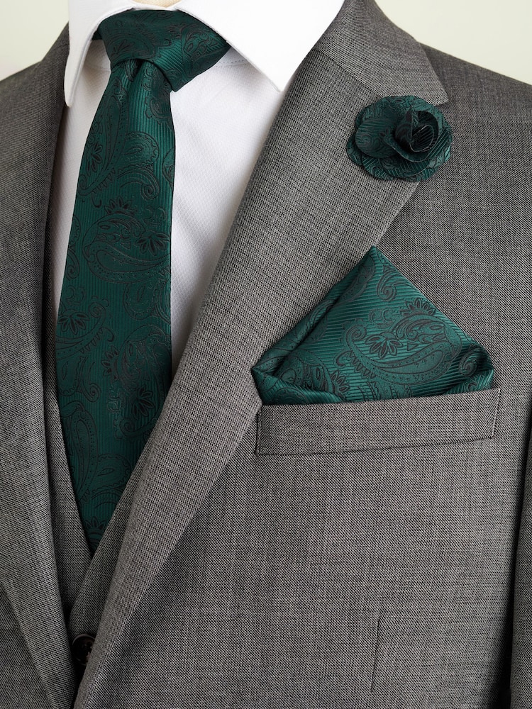 Forest Green Paisley Slim Tie Pocket Square And Lapel Pin Set - Image 1 of 4