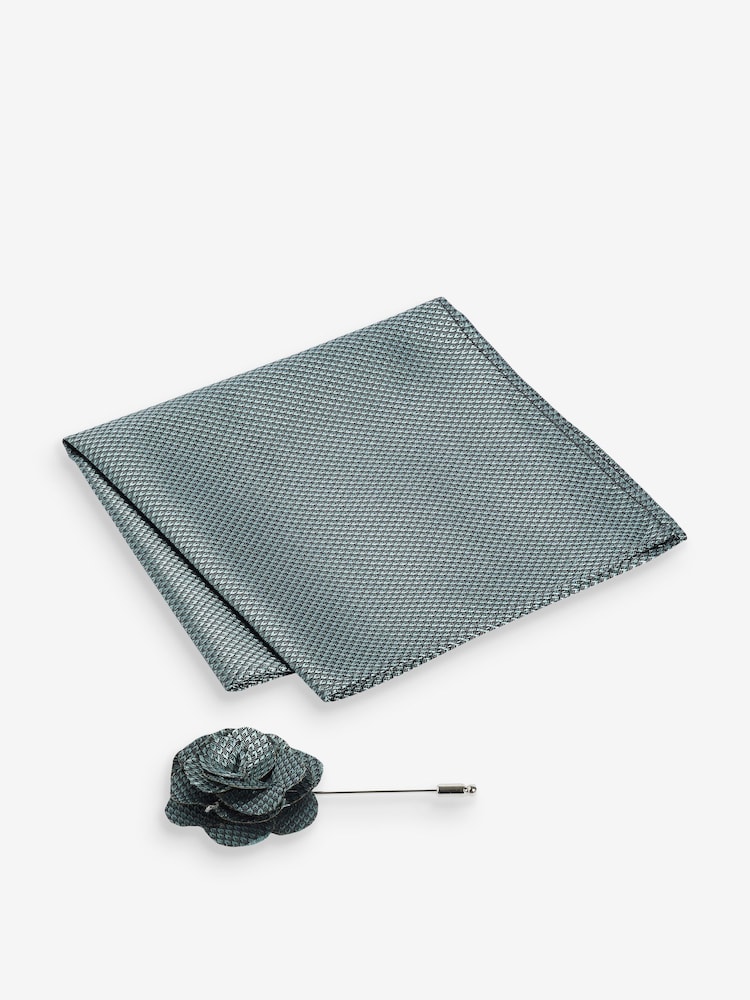 Sage Green Textured Silk Lapel Pin And Pocket Square Set - Image 1 of 2