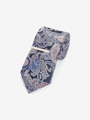 Blue Navy/Pink Paisley Slim Design Tie And Clip - Image 1 of 3