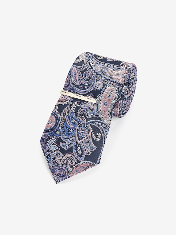 Blue Navy/Pink Paisley Slim Design Tie And Clip - Image 1 of 3
