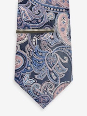 Blue Navy/Pink Paisley Slim Design Tie And Clip - Image 2 of 3