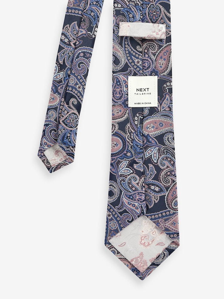 Blue Navy/Pink Paisley Slim Design Tie And Clip - Image 3 of 3